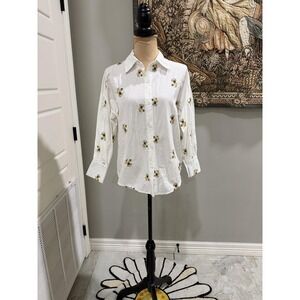 Shirt Womens Medium White Embroidered Floral Button Front Long Sleeve Tunic